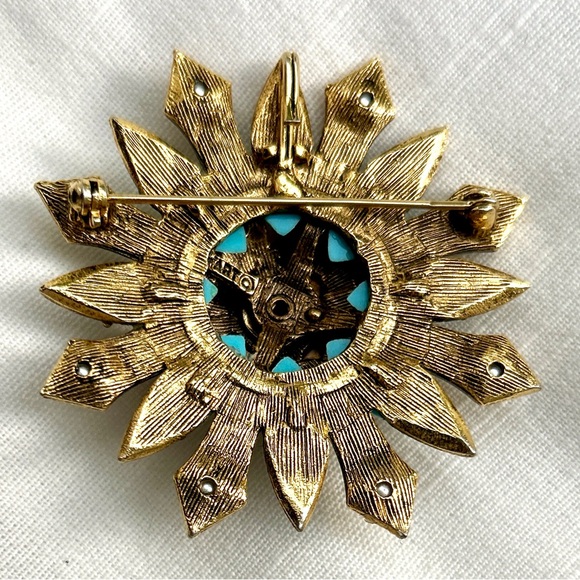 Vtg ART Arthur Pepper Brooch/Pendant w/ Red Glass Cabochon Turquoise Pearl - Picture 3 of 5